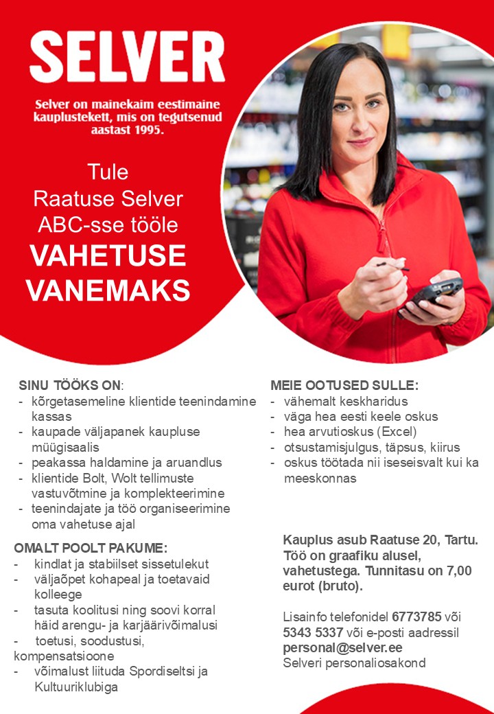 Vahetuse vanem (teenindus) Raatuse Selver ABC-s